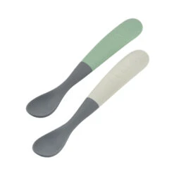 Beaba 1st Age Silicone Spoons Two-tone Travel Set With Case - Mineral/Sage Green