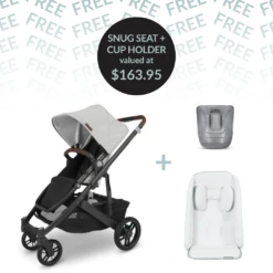 Uppababy CRUZ V2 + FREE SNUG SEAT + CUP HOLDER - Anthony (White & Grey Chenille/Carbon/Chestnut Leather)